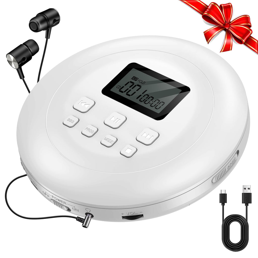 Portable CD Player with Headphones Jack USB AUX LCD Display White S577652