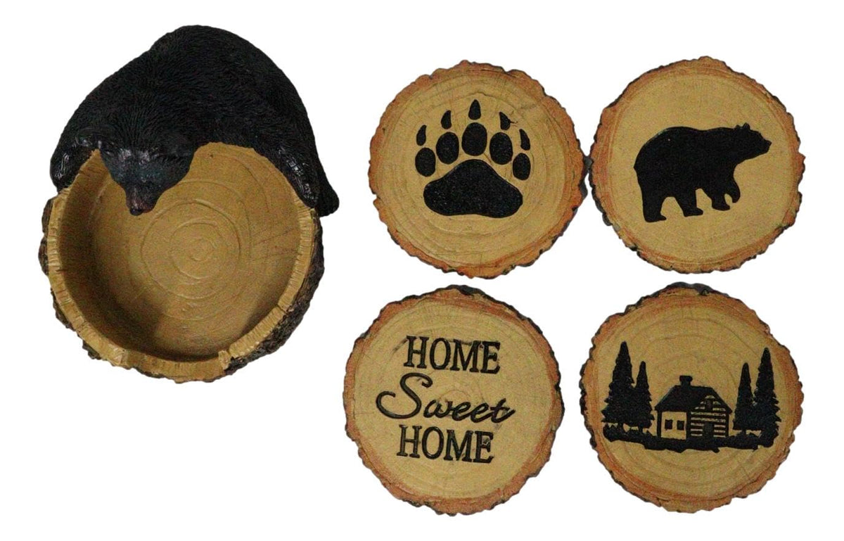 Black Bear Tree Trunk Coaster Holder with 4 Coasters X226