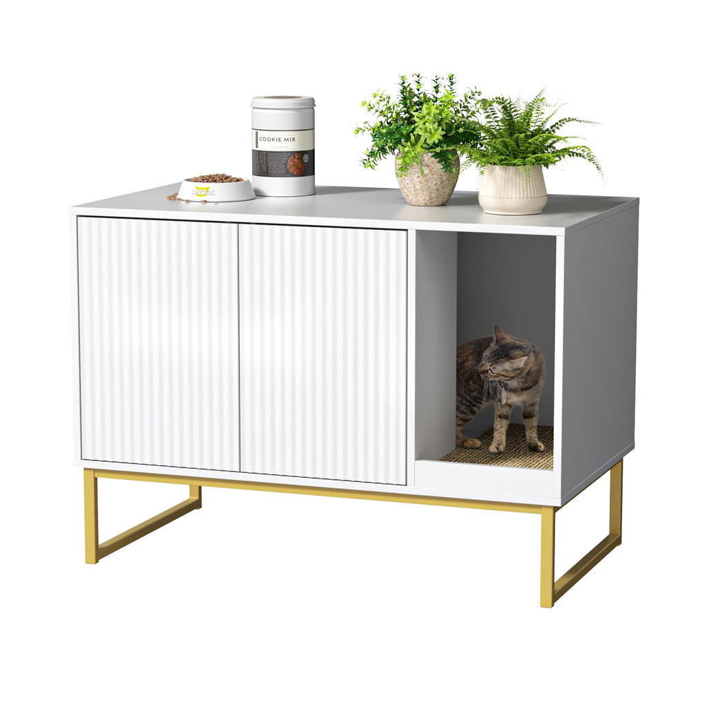 White Cat Litter Box Enclosure with Scratch Pad and Metal Legs P683