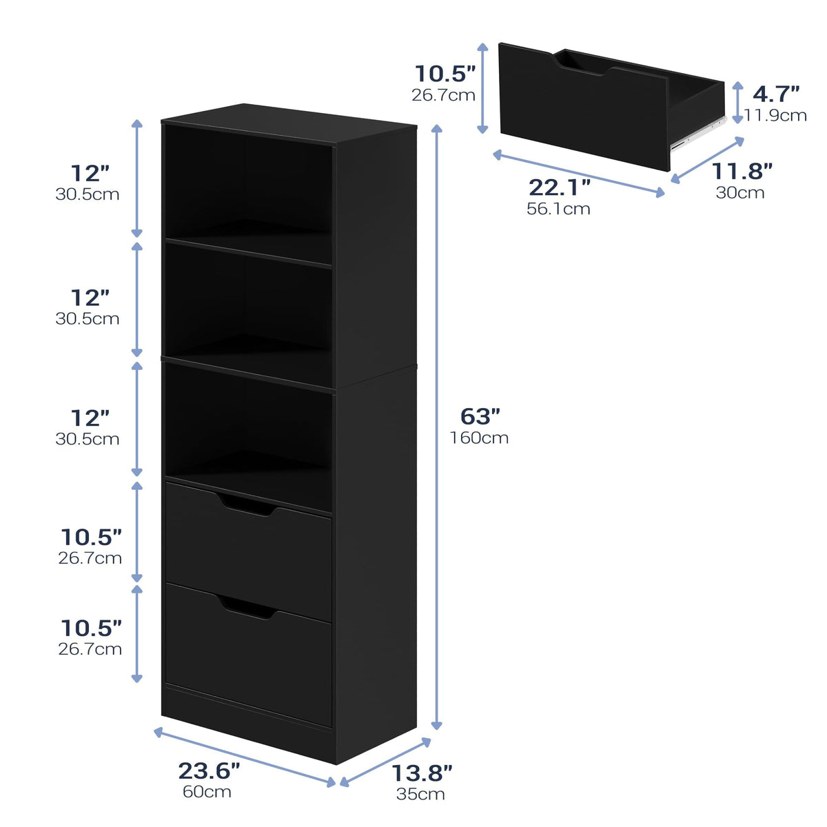 63" H Black Bookshelf with 2 Drawers Z3703