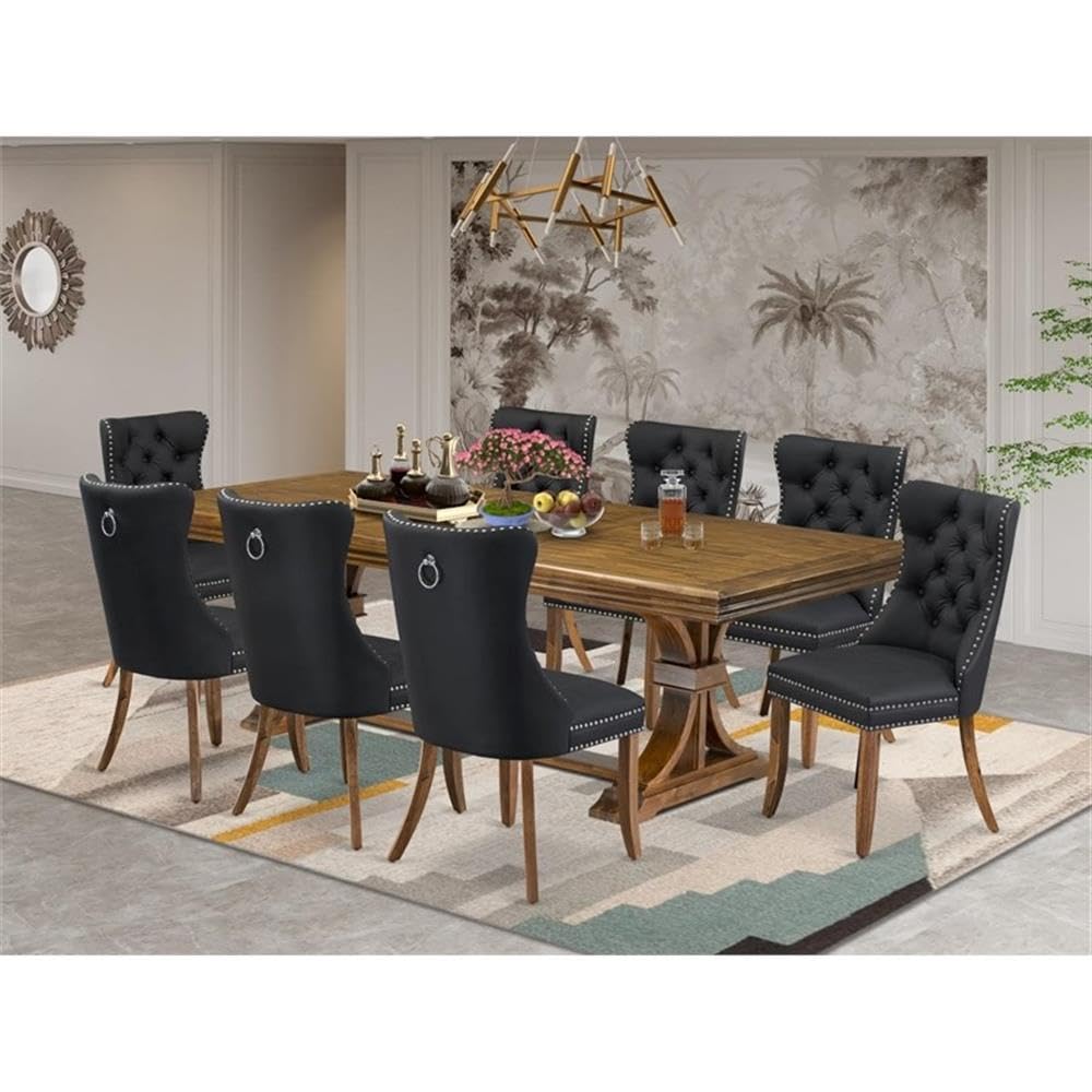 9-Piece Acacia Wood Dining Set with 8 Dark Grey Faux Leather Chairs E533577