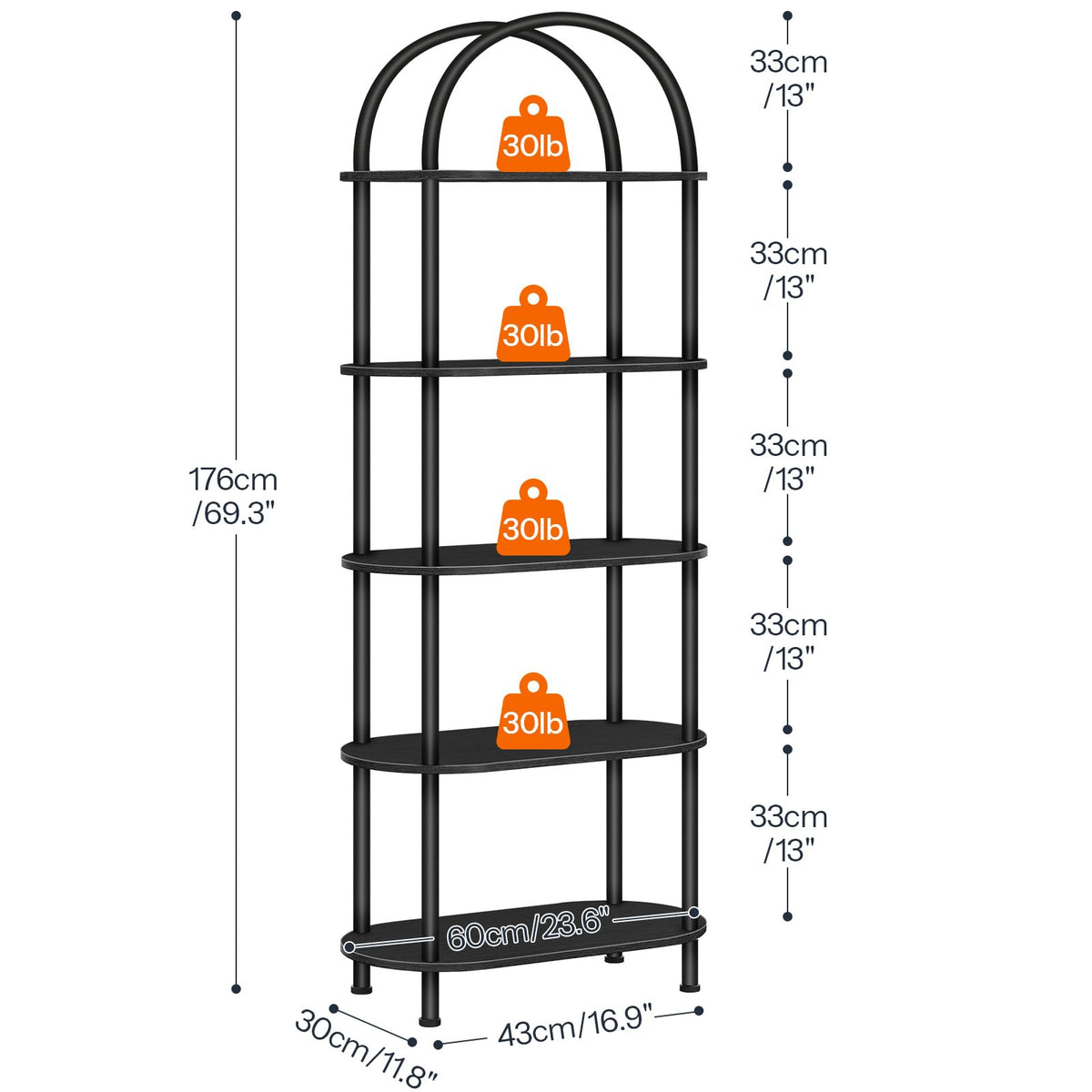 5 Tier Arched Wooden Bookshelf Metal Frame C6430