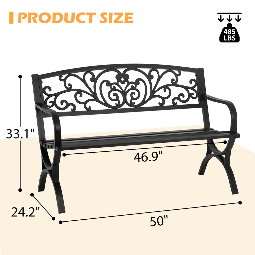 50" Outdoor Garden Bench Black 480lbs Load Capacity U138316