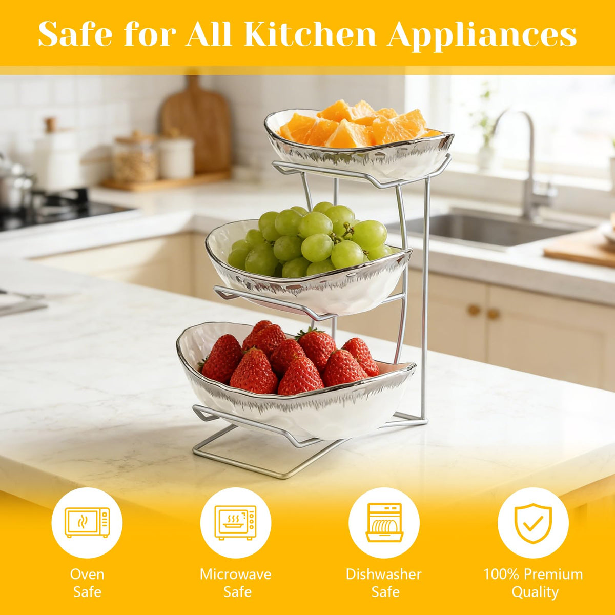 3 Tier Ceramic Fruit Bowl with Metal Stand V7161