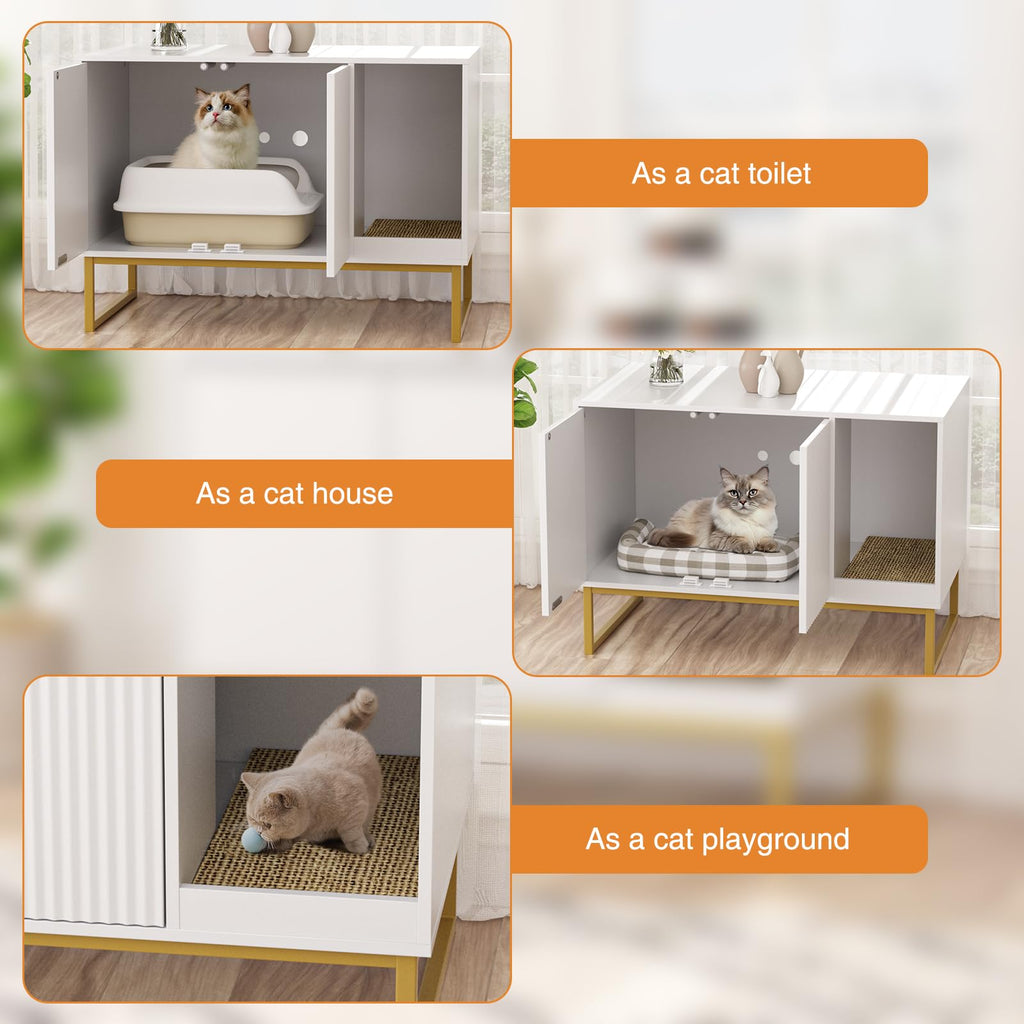 White Cat Litter Box Enclosure with Scratch Pad and Metal Legs P683