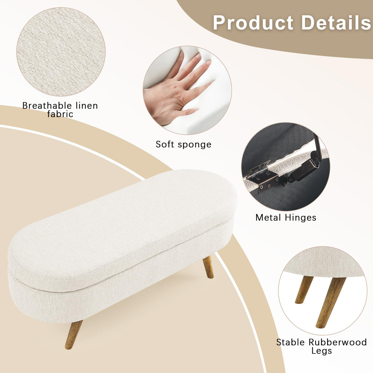 Beige Linen Upholstered Storage Ottoman Bench O382