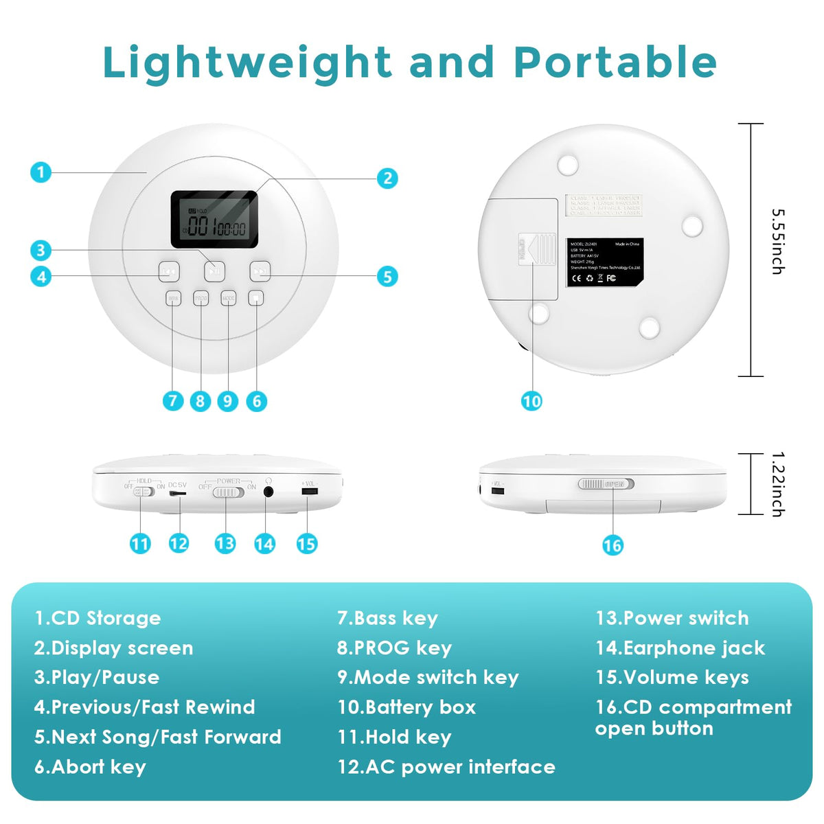 Portable CD Player with Headphones Jack USB AUX LCD Display White S577652