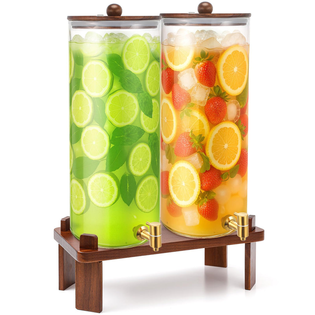 2 Pack 4 Gallon Glass Drink Dispenser with Acacia Wood Stand and Lid Z62685