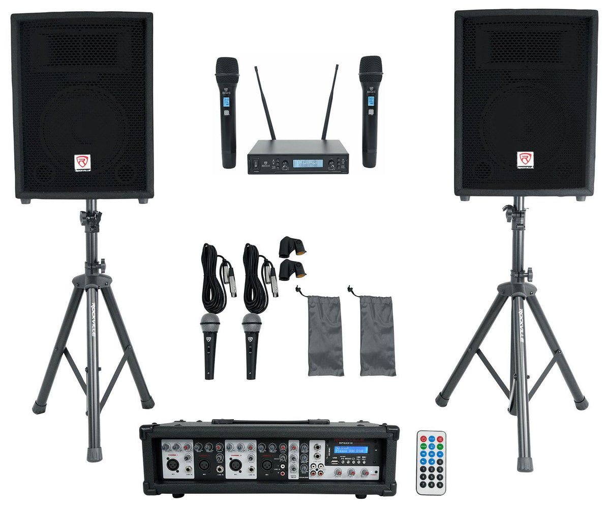 10" PA Speaker Pair with Mixer and Wireless Mics N845