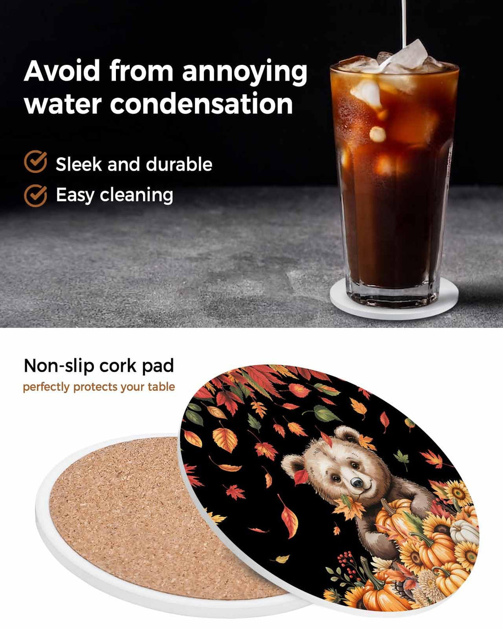 Absorbent Stone Ceramic Coaster with Cork Back, Set of 8 A807854