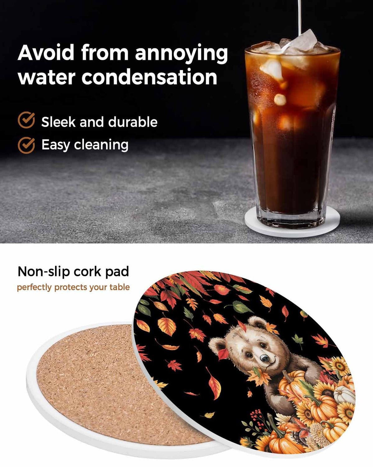 Absorbent Stone Ceramic Coaster with Cork Back, Set of 8 A807854