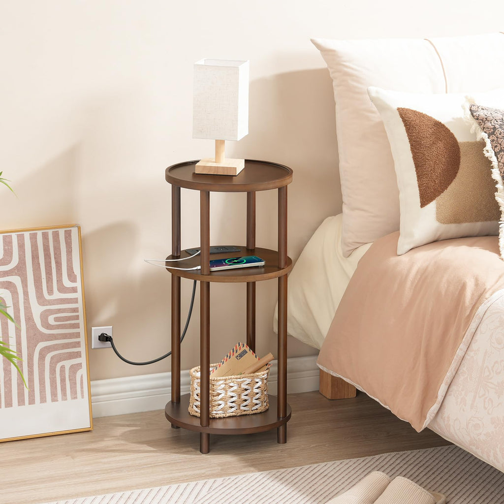 Set of 2 Round Bamboo Side Tables with Charging Station R229