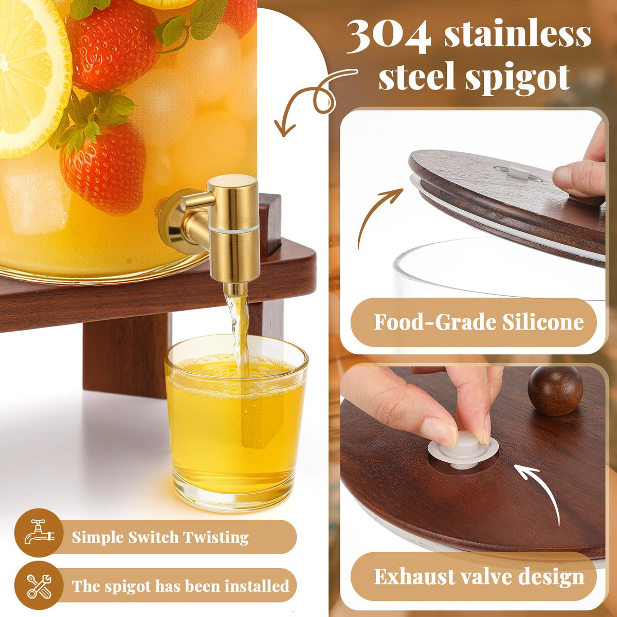 2 Pack 4 Gallon Glass Drink Dispenser with Acacia Wood Stand and Lid Z62685