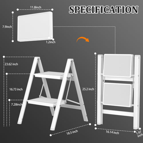2 Step Folding Steel Ladder 330lbs Capacity White G763115