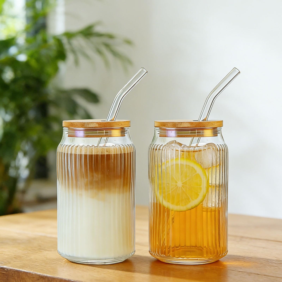 2 PCS 16 OZ Ribbed Glass Tumbler with Lids and Straws K599130