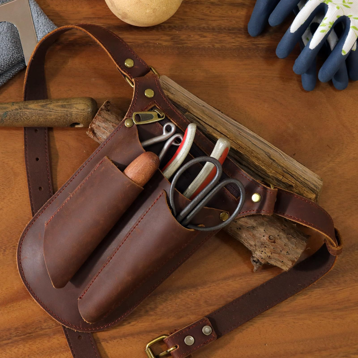 Brown Leather Gardening Tool Belt with 4 Pockets A284548