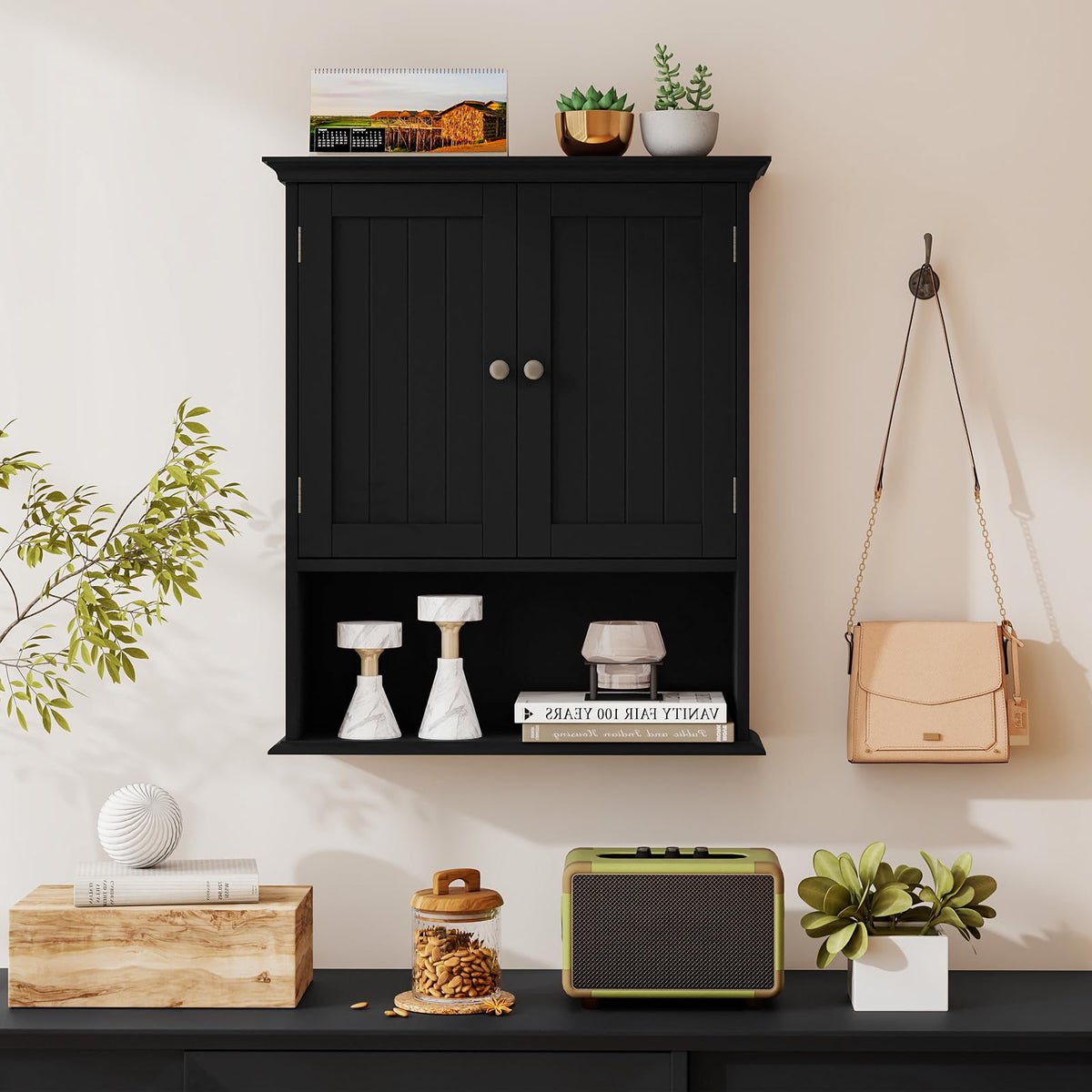 Black Wooden Bathroom Wall Cabinet with 2 Doors Z70108
