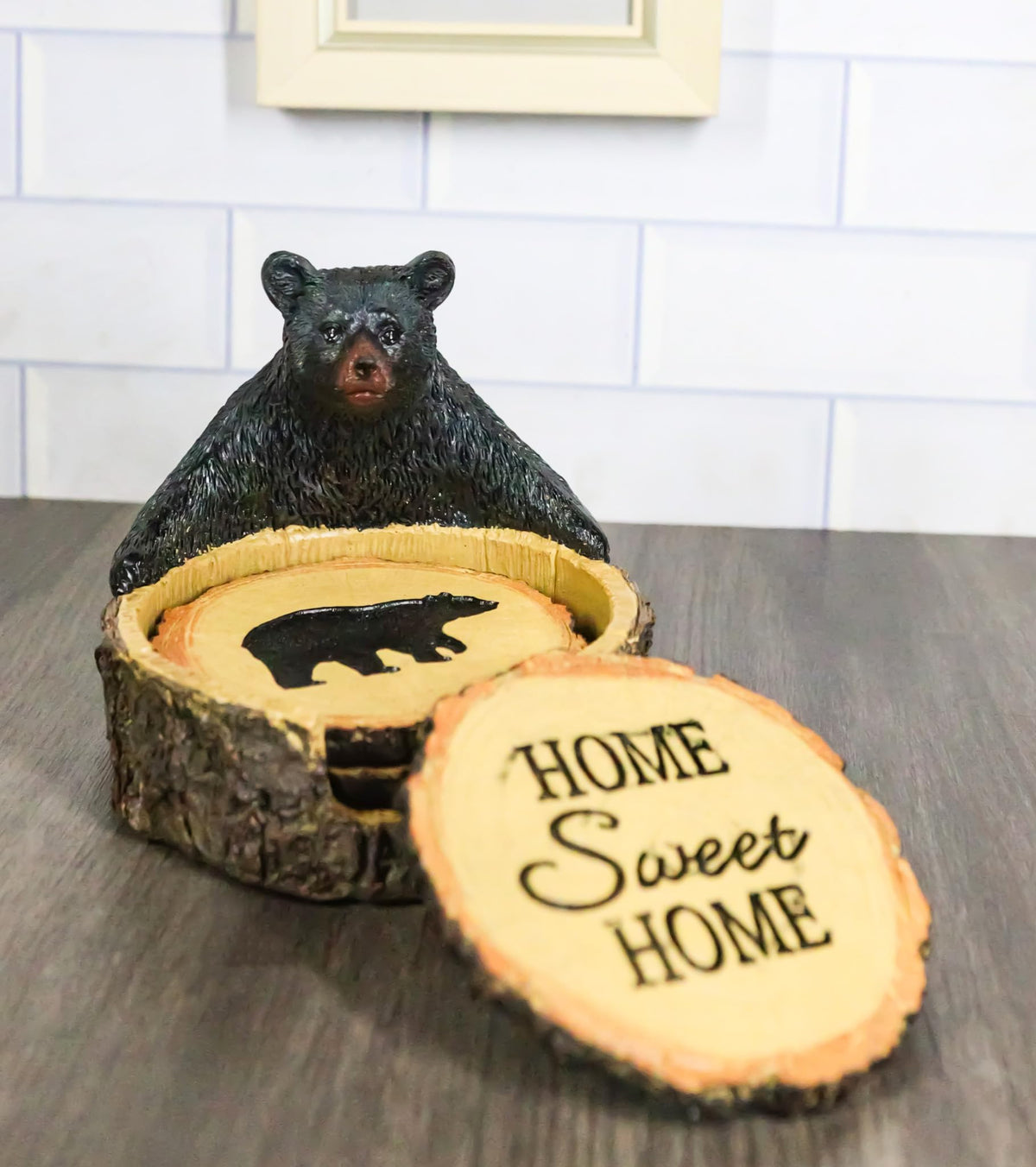 Black Bear Tree Trunk Coaster Holder with 4 Coasters X226
