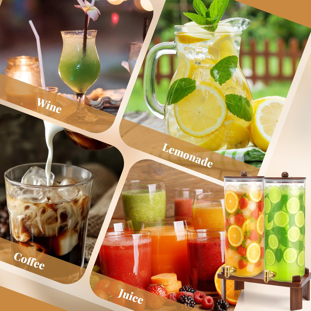 2 Pack 4 Gallon Glass Drink Dispenser with Acacia Wood Stand and Lid Z62685