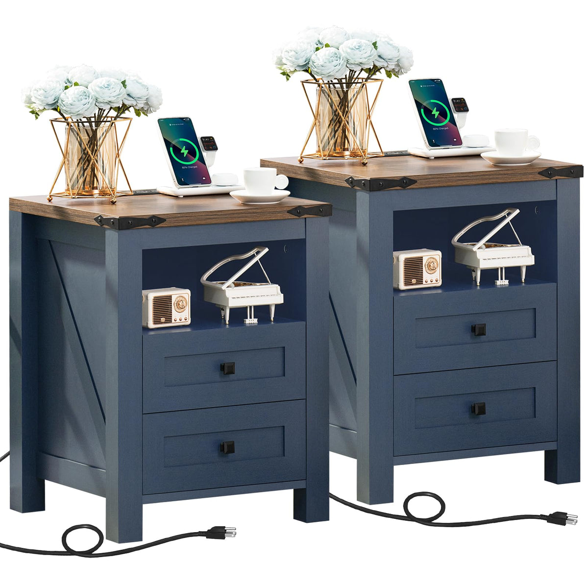 Set of 2 Nightstands with Charging Station and 2 Drawers U75427