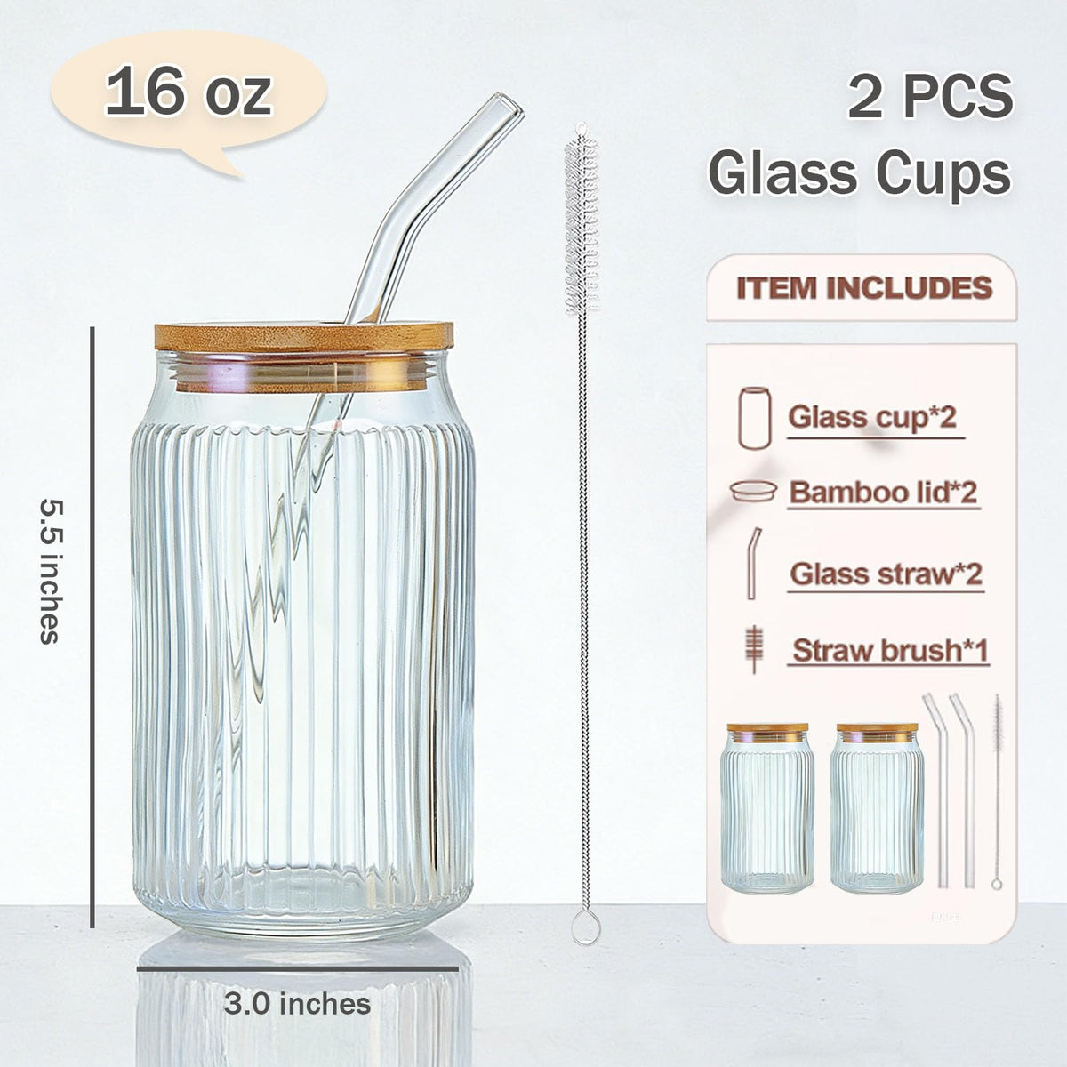 2 PCS 16 OZ Ribbed Glass Tumbler with Lids and Straws K599130