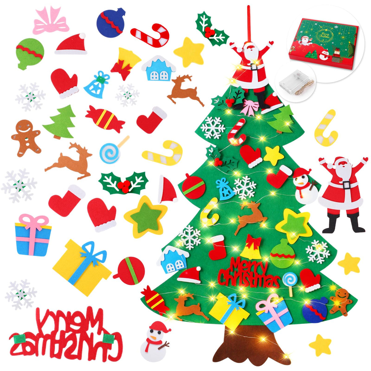 Felt Christmas Tree for Toddlers, 3.2ft Wall Hanging DIY Xmas Decorations with String Light P700077
