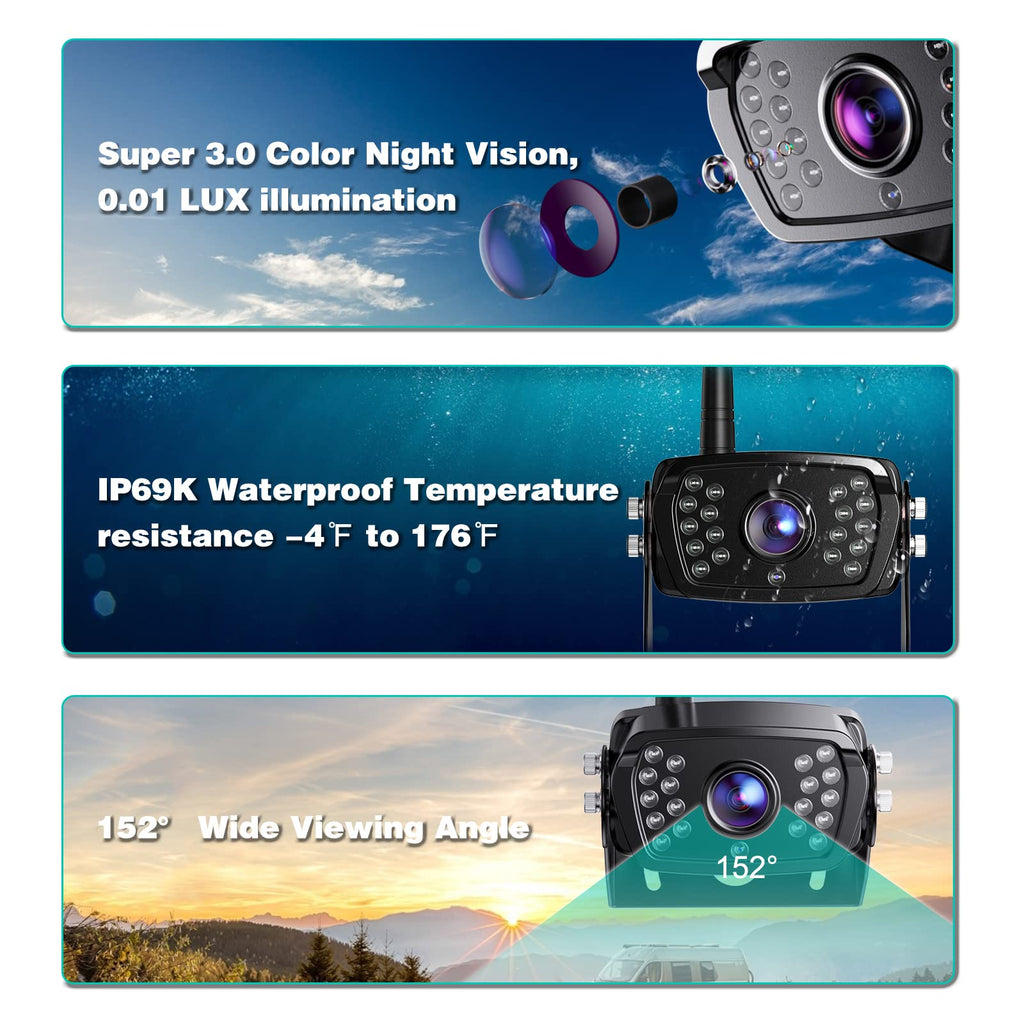 Wireless Backup Camera 7 Inch Monitor Rear View Camera System IP69 Waterproof Night Vision W567