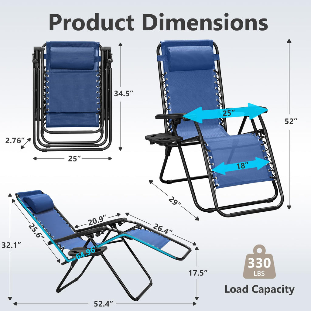 Blue Set of 2 Zero Gravity Lounge Chair with Pillow & Cup Holder A392053