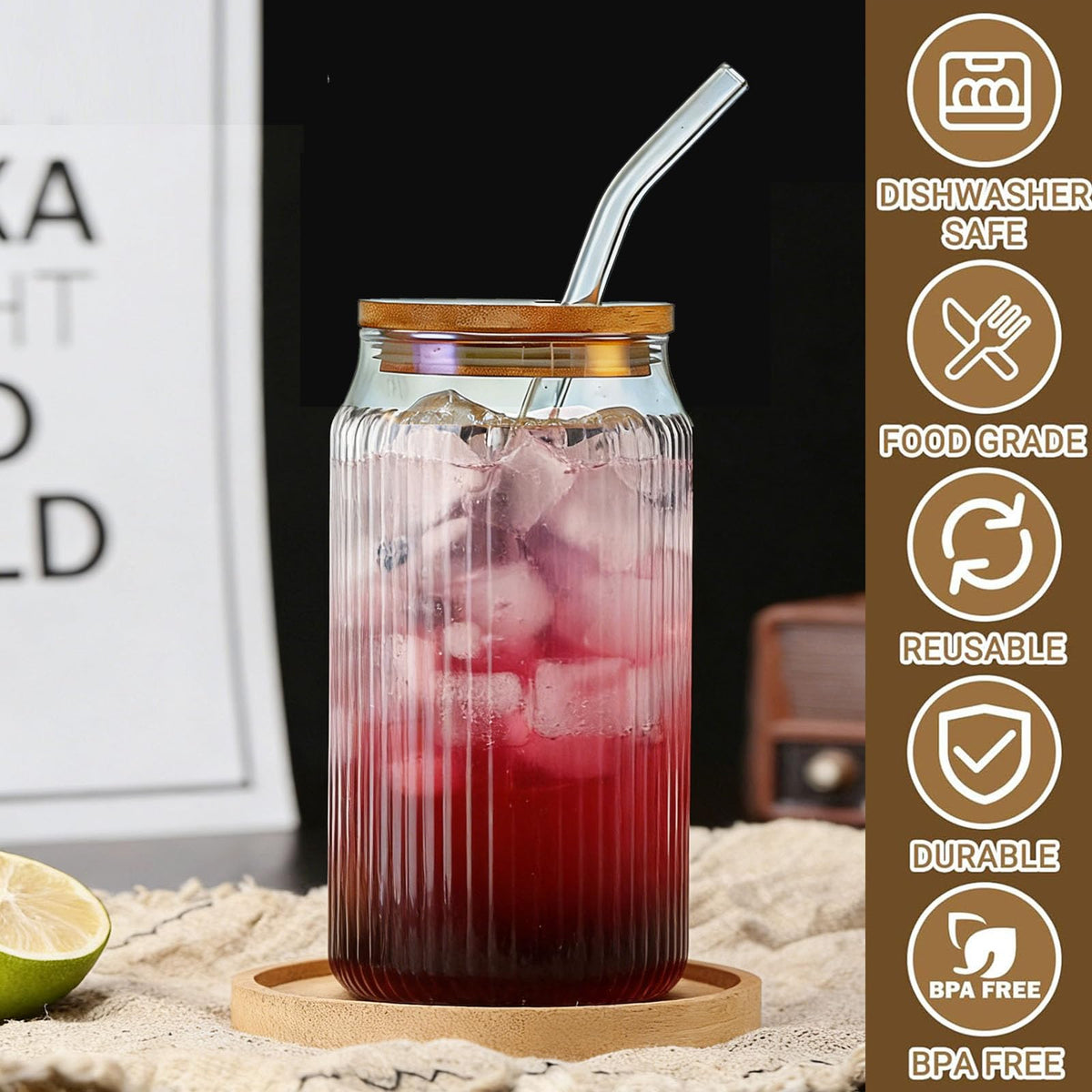 2 PCS 16 OZ Ribbed Glass Tumbler with Lids and Straws K599130