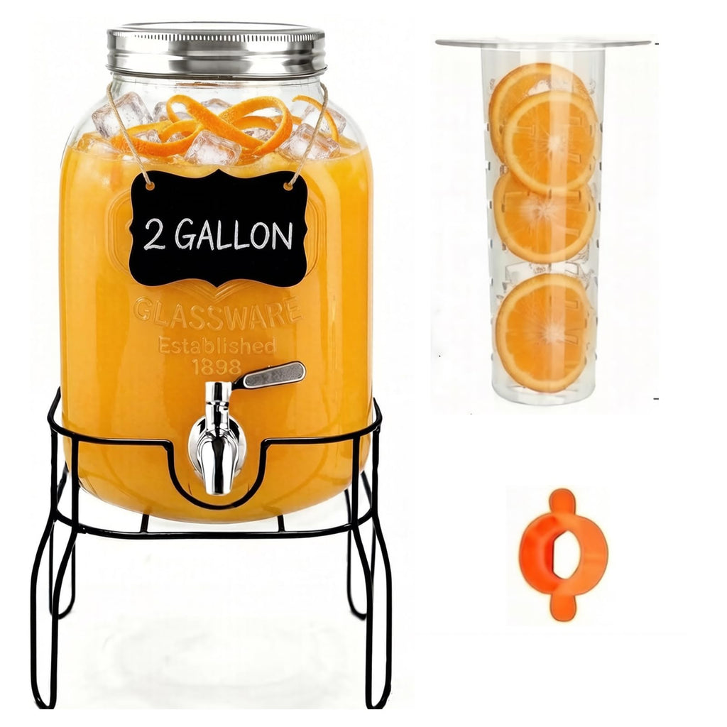 2 Gallon Glass Beverage Dispenser with Stand, Lid & Ice Core X5110