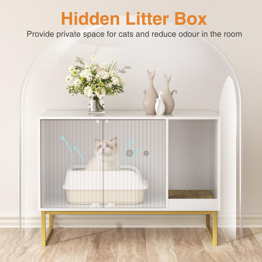 White Cat Litter Box Enclosure with Scratch Pad and Metal Legs P683