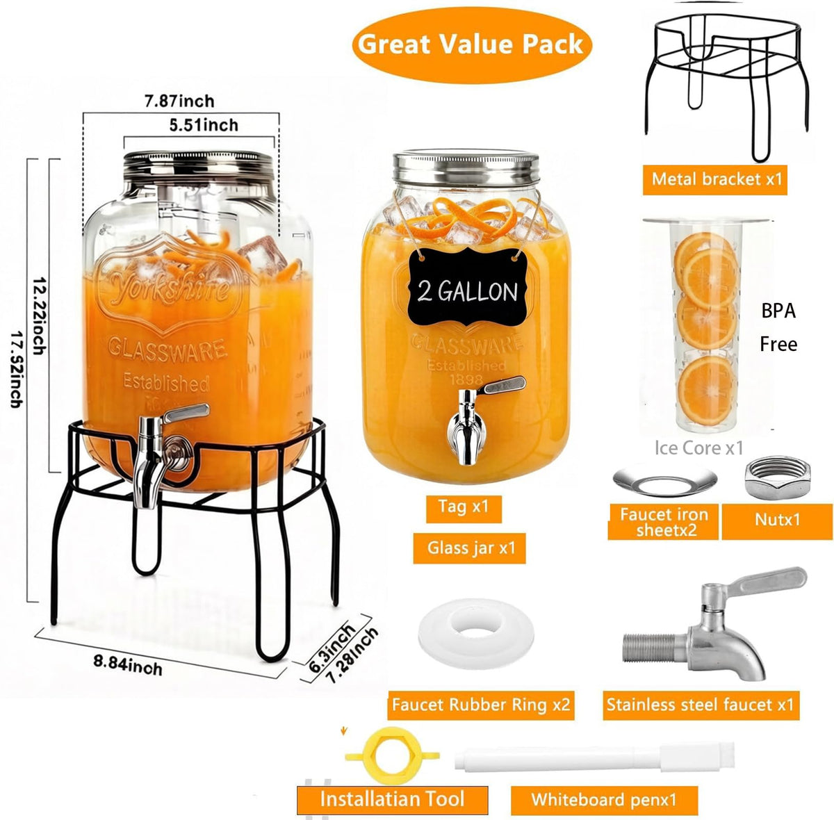 2 Gallon Glass Beverage Dispenser with Stand, Lid & Ice Core X5110