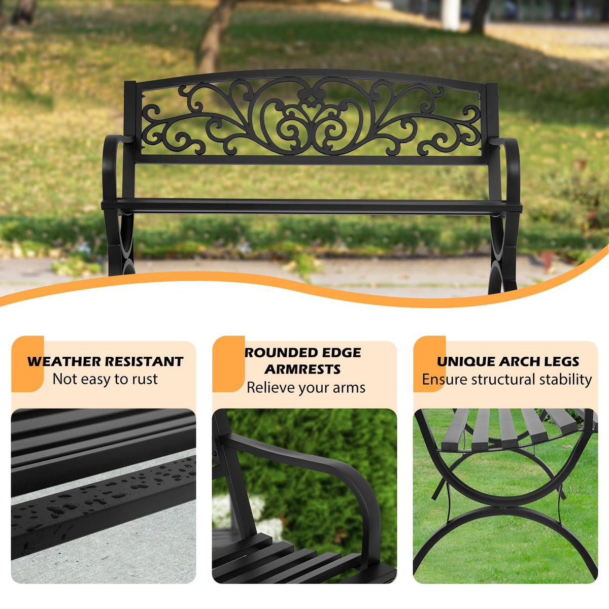 50" Outdoor Garden Bench Black 480lbs Load Capacity U138316