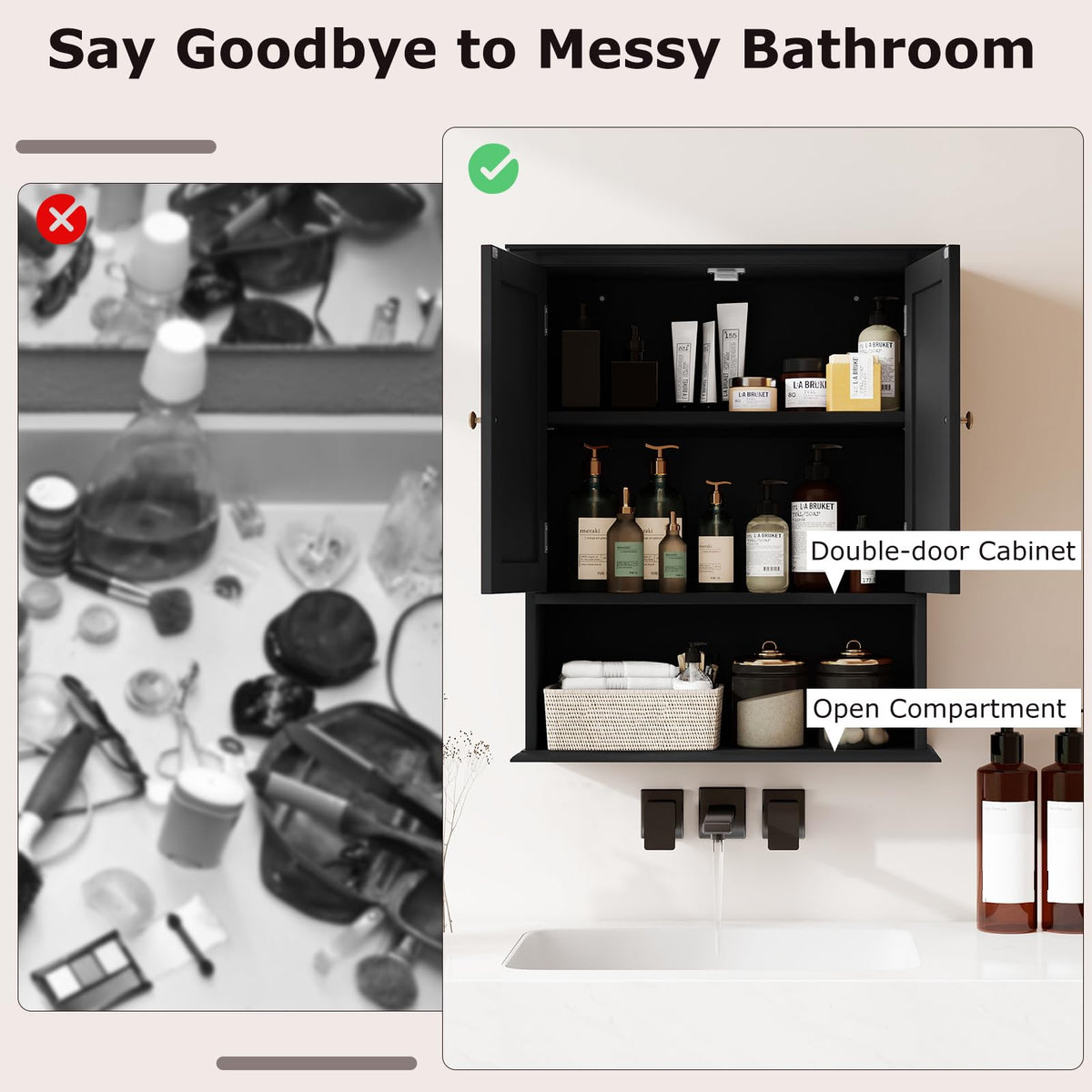 Black Wooden Bathroom Wall Cabinet with 2 Doors Z70108