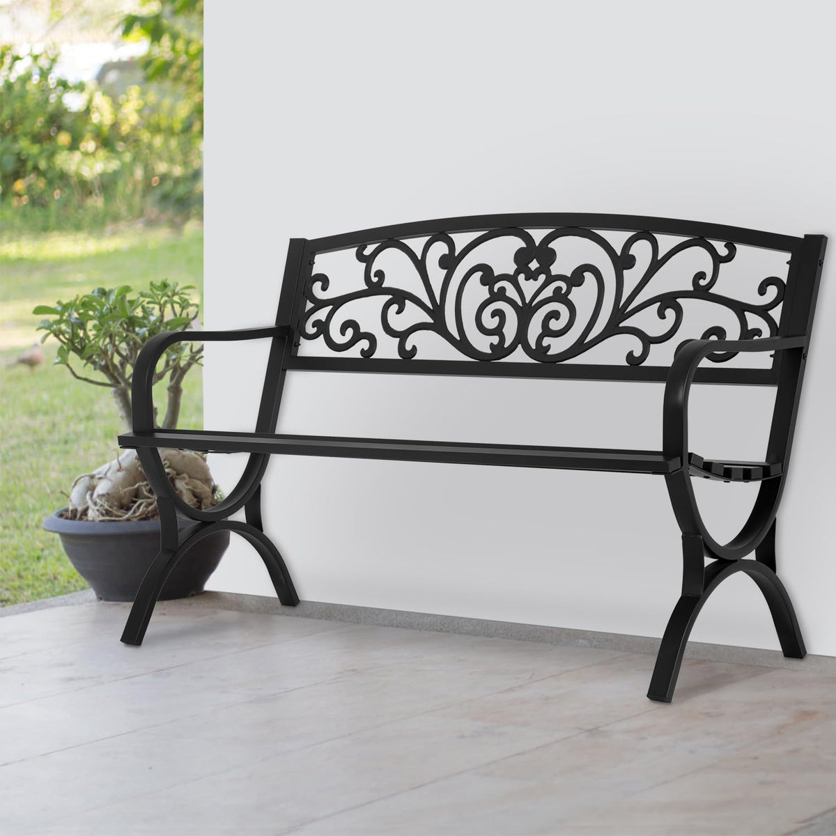50" Outdoor Garden Bench Black 480lbs Load Capacity U138316