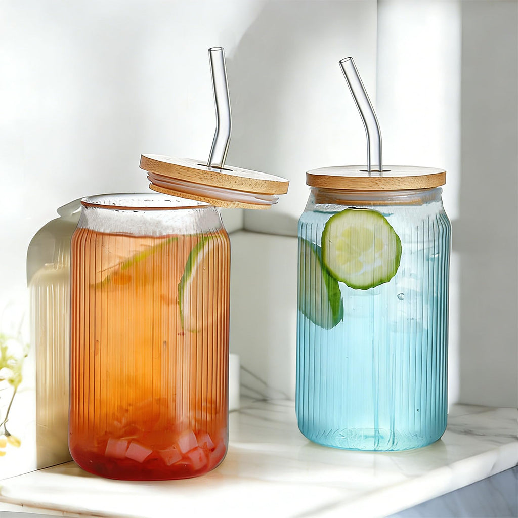 2 PCS 16 OZ Ribbed Glass Tumbler with Lids and Straws K599130