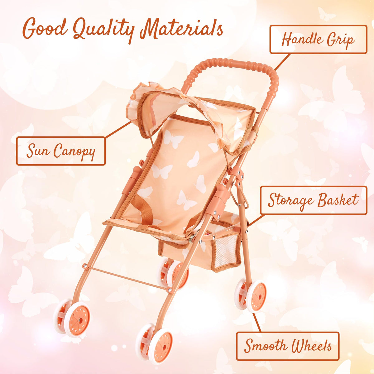 Baby Doll Stroller with Storage Basket, Foldable Frame, Canopy, Seatbelt K50183