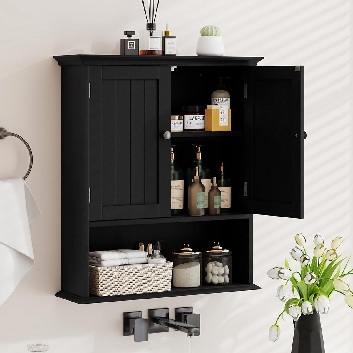 Black Wooden Bathroom Wall Cabinet with 2 Doors Z70108