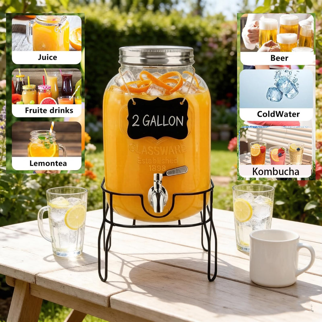 2 Gallon Glass Beverage Dispenser with Stand, Lid & Ice Core X5110