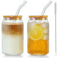 2 PCS 16 OZ Ribbed Glass Tumbler with Lids and Straws K599130