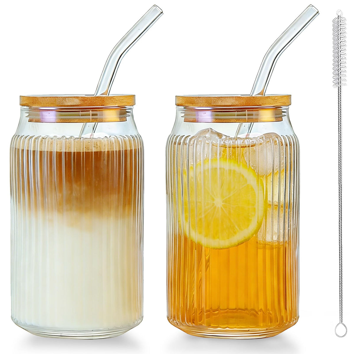 2 PCS 16 OZ Ribbed Glass Tumbler with Lids and Straws K599130