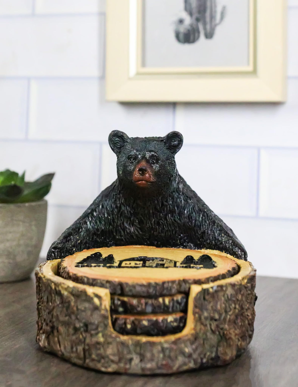 Black Bear Tree Trunk Coaster Holder with 4 Coasters X226