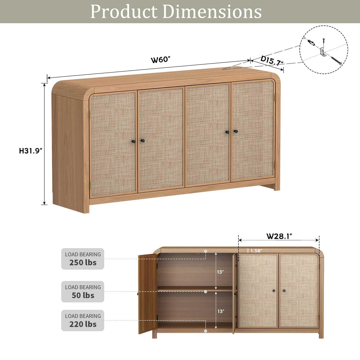 Oak Rattan Sideboard Buffet Cabinet B167359