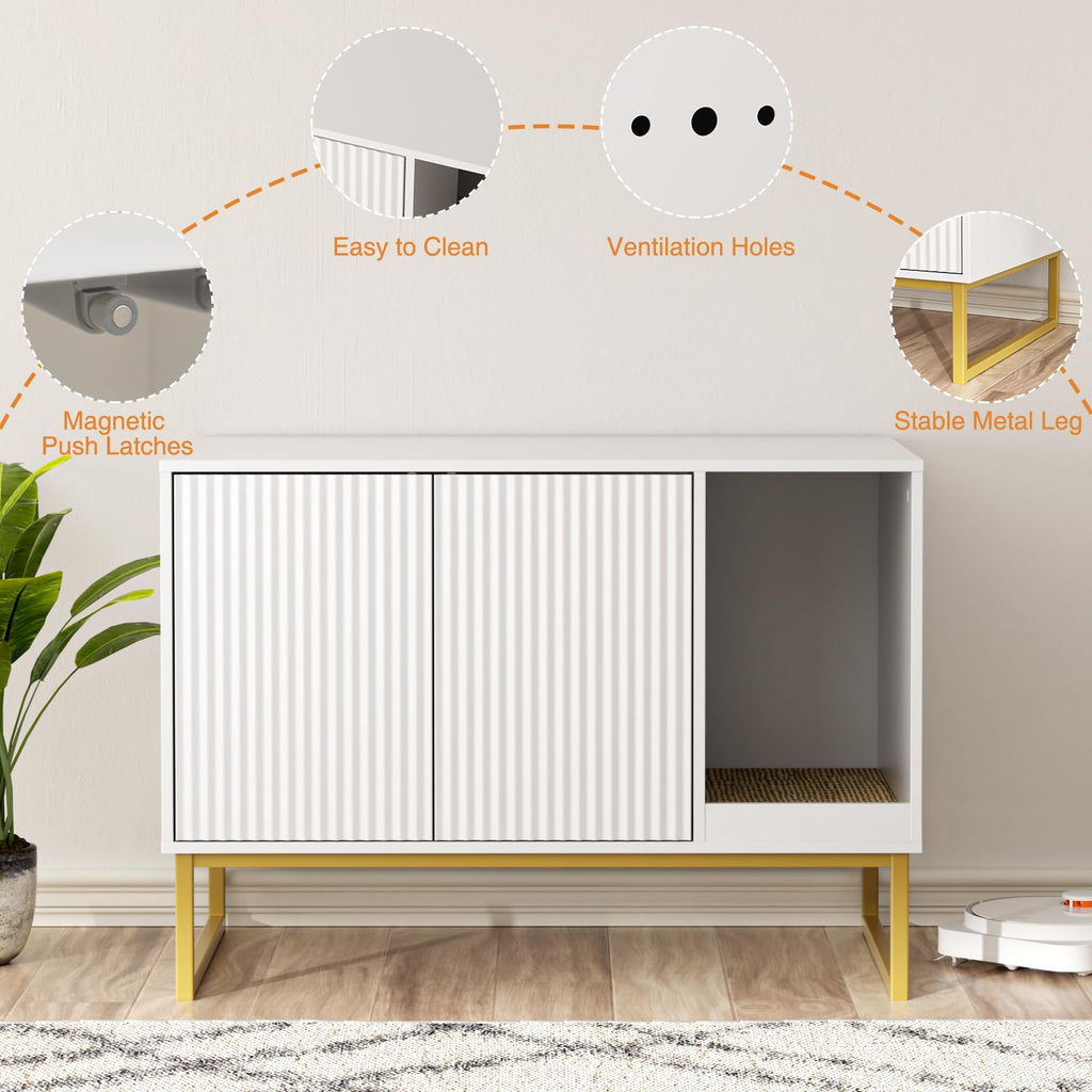 White Cat Litter Box Enclosure with Scratch Pad and Metal Legs P683