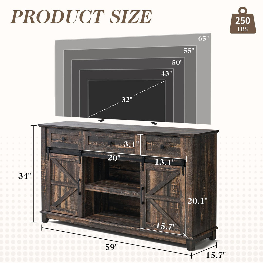 59" Dark Rustic Oak Farmhouse TV Stand with Storage Drawers X3065
