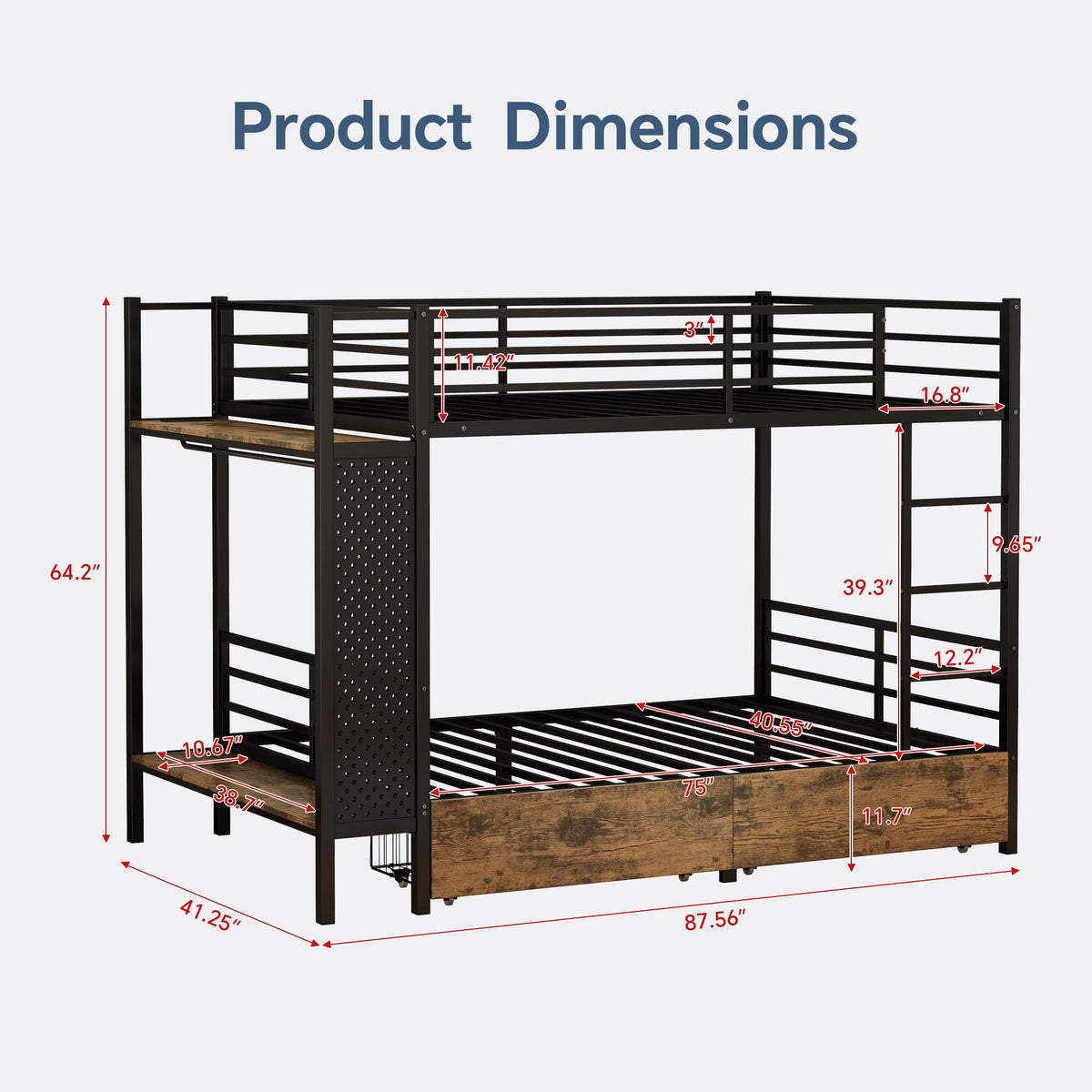 Twin Over Twin Metal Bunk Bed with Storage J4810