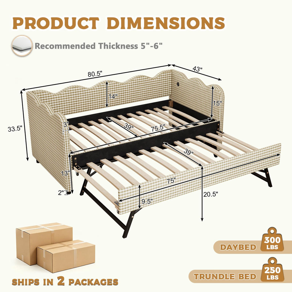 Twin Size Upholstered Gingham Daybed with Pop Up Trundle A255