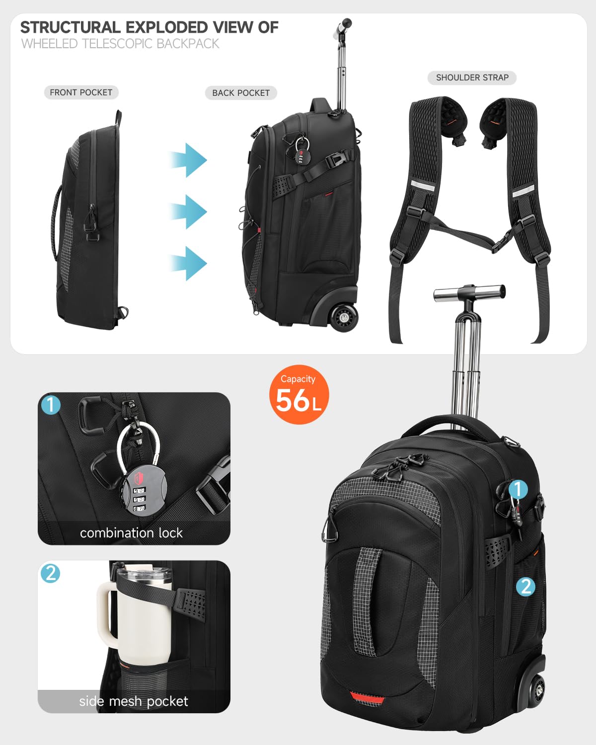 2-in-1 Detachable Backpack with Wheels Q9999