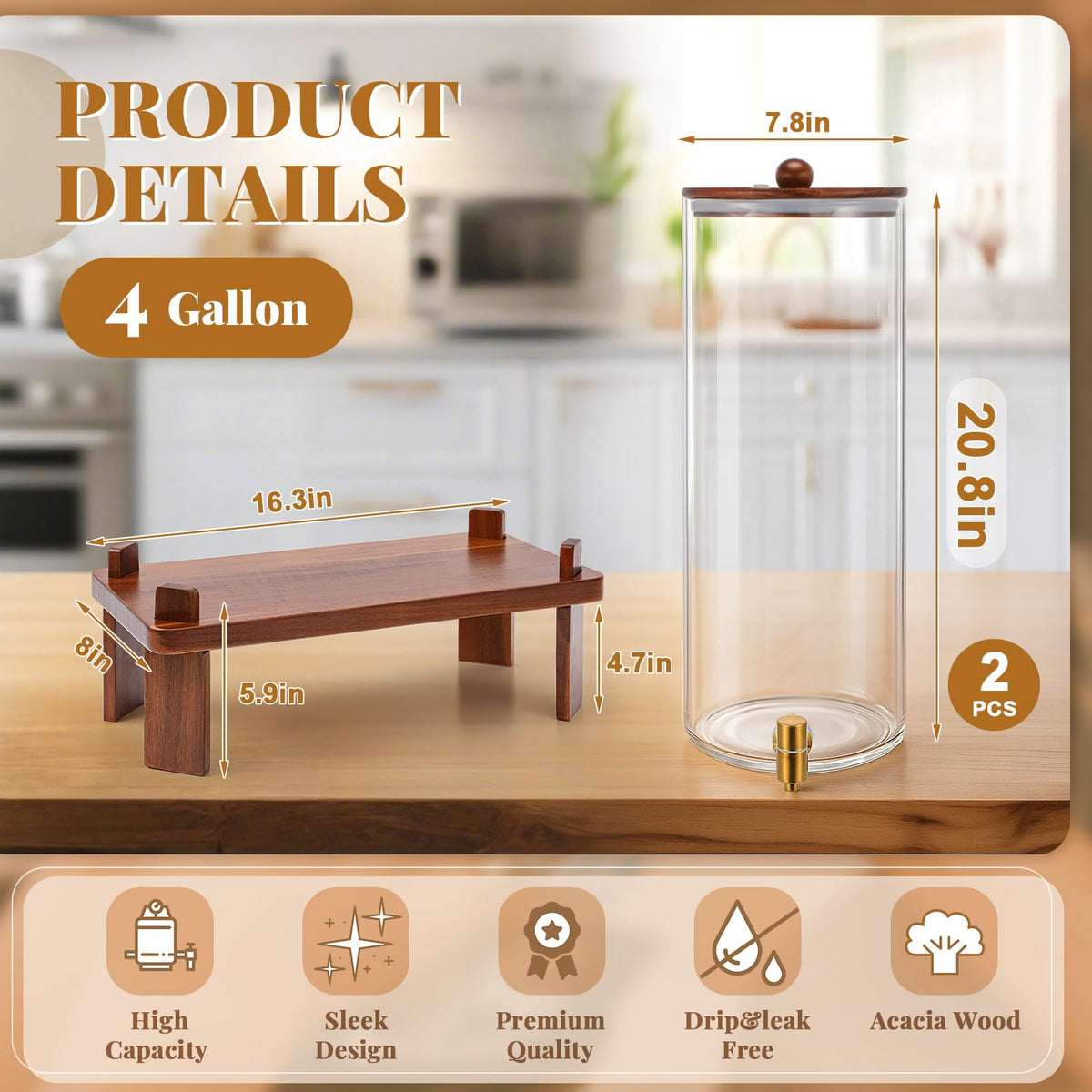 2 Pack 4 Gallon Glass Drink Dispenser with Acacia Wood Stand and Lid Z62685