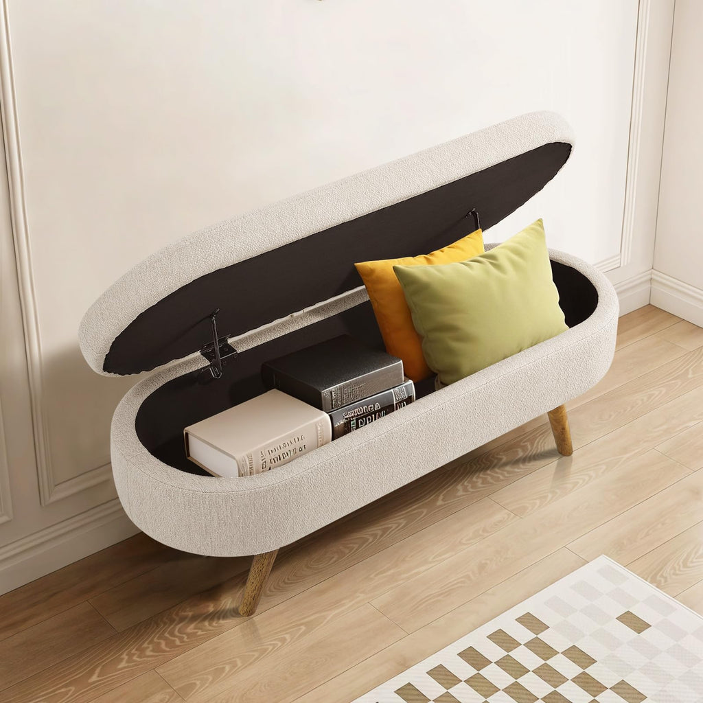 Beige Linen Upholstered Storage Ottoman Bench O382